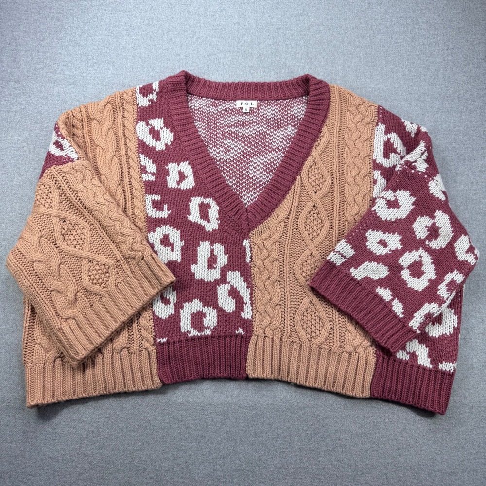 POL Colorblock Leopard Print Cable Knit V Neck‎ Cropped Boxy Boho Sweater Size S